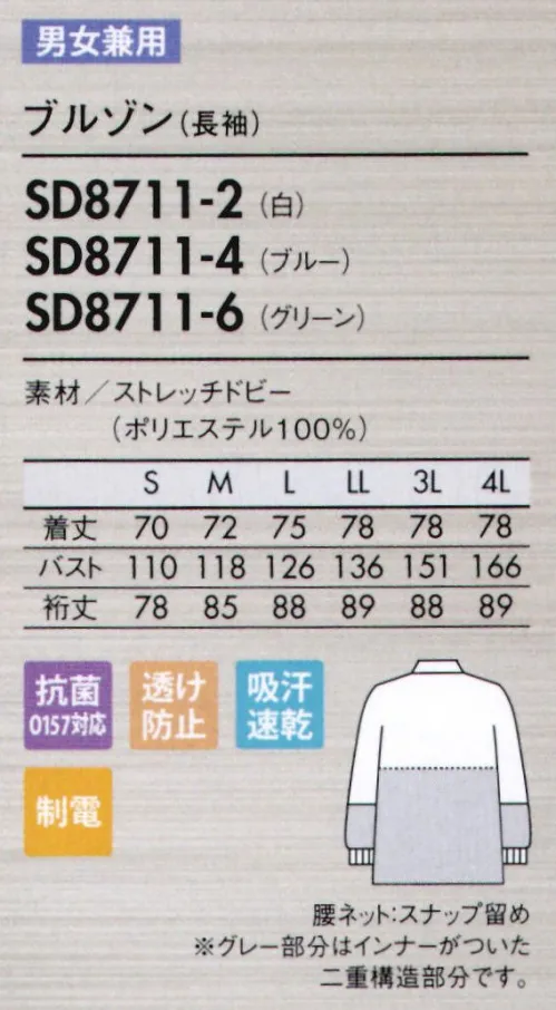 住商モンブラン SD8711-2 ブルゾン(男女兼用・長袖) 吸・放湿性に優れた高機能素材でサラッとした涼しい着心地をキープ。ストレッチドビー/サラエアー動きやすいカッティングに加え、汗や湿気を吸って吐き出す呼吸機能で快適さアップ。【体毛を通しにくい特殊メッシュ構造】ポリエステル100％の素材ながら、特殊メッシュ構造により、通気性を保ちながらも髪の毛は通しません。また、ストレッチ性があるので体に心地よくフィットしスムーズに動けます。【高制電・高防塵で異物混入対策も】ホコリや異物をよせつけず、洗濯後の繊維の毛羽立ちやホコリの付着を防ぐ機能もあるため、ユニフォームからの異物発生と混入を防ぎます。【優れた汚れ除去性と耐久性】汚れ除去性に優れているので油なども落ちやすく、洗濯後の乾きが速い。また、リネンサプライの工業洗濯の耐久性にも優れています。家庭で簡単に洗えて、縮まずシワになりにくいのもポイント。【肌との接触面が少ないから常に快適】肌に触れる生地の裏側は、点タッチ凹凸設計。肌との接触面が少ないので、いつもさらっとした着心地です。肩から腕のフレキシビリティを強化。従来のラグランを超えた特殊設計です。肩、スムーズ！●背中・袖一体パーツさまざまな肩と腕の運動に着目し、アームホールの可動域を格段にアップさせました。●襟元スナップ襟をしっかりスナップで固定することで頭巾帽子を押さえ、ズレ上がりにくくします。●細めの下腕袖肘から下はやや細めの仕上げに。盛り付け作業等での汚れを防ぎ、作業性も高めます。●吸汗素材の袖口ネット内側からホコリや体毛が落ちるのを防止。同時に汗も吸い取ります。●比翼ファスナーカバー表からファスナーを覆う二重仕立て。縫製ジワを軽減する仕様で見た目も美しく。特殊製法生地の際断面から生じる糸クズやチリ、ホコリが外に出ず、ステッチも表に出ないパイピング縫いを採用しています。 サイズ／スペック