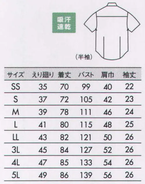 住商モンブラン ZK2712-1CB ニットシャツ（男女兼用・半袖） 細身のシルエットに加え、裏地のストライプがスタイリッシュなZKシリーズ。こだわりの襟もと。ネクタイ着用からノータイスタイルまでスタイリッシュな着こなしが可能。配色使いのボタンホールと襟裏のストライプが爽やかな印象を演出します。 汗をかいてもすぐ乾く！ 体の動きに気持ちよくついてくる！ だぶつきにくい細めのシルエット。  素肌に直接着たい鹿の子ニット！ドライな着心地が続く、清涼シャツ。クールビズ対策！ ●快適さを極めたサイエンス素材を採用。高機能なスポーツウェアの素材だから、汗や湿気をすばやく吸って外に放出。肌離れの良い快適な着心地を実現しました。 ●動きやすく、リラックスできる着心地。ストレッチ性に優れ、動きやすさは抜群。圧迫感も少ないので、リラックスして過ごせます。 ●シワになりにくく、お手入れも簡単。洗濯時の乾きが速く、シワもつきにくいので、ノーアイロンで着用できます。 サイズ／スペック