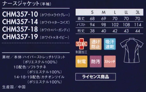 アシックス CHM357-10 ナースジャケット（半袖） 配色ラインの視覚効果でシャープな印象に。■ハイパーストレッチトリコット当社従来品のトリコットに比べ約3倍のストレッチ性を実現し、制電機能も備えたワープニット。なめらかな風合いと軽い着心地もポイント。■形状特長・スナップボタン着脱が簡単な肩口スナップ仕様・ウエストループ時計などを掛けるのに便利・サイドベンツヒップラインをカバーし、すっきりした後ろ姿に。・内ポケット脇ポケットには小物を整理しやすい内ポケット付【ライセンス商品】この商品は、アシックスジャパン株式会社とのライセンス契約により住商モンブラン株式会社が製造したものです。 サイズ／スペック