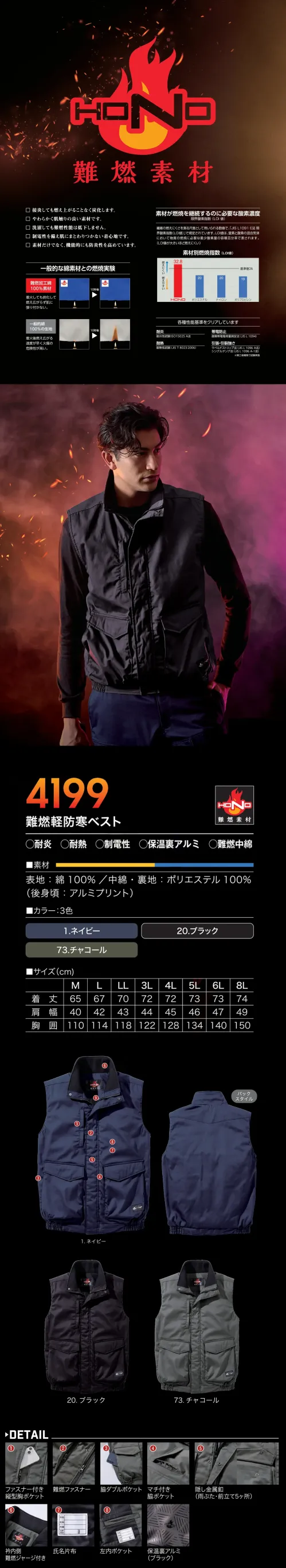 村上被服 4199 難燃軽防寒ベスト サイズ／スペック