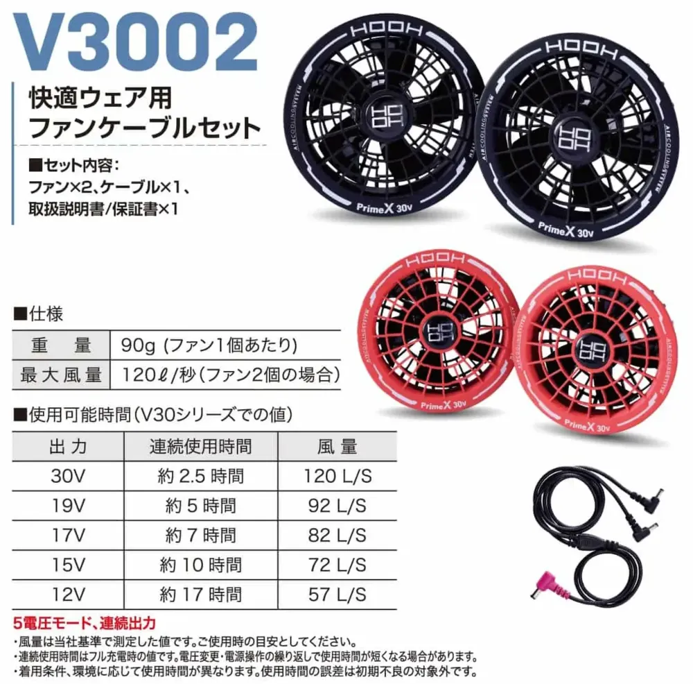 村上被服 V3002 快適ウェア用ファンケーブルセット サイズ・スペック