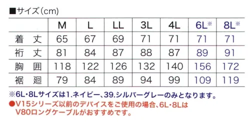 村上被服 V8301 フルハーネス対応ブルゾン（快適ウェア） フルハーネス対応モデル安全性と快適さを両立させた多機能ブルゾン。・2丁掛け対応フック掛け・ランヤード取り出し口・肩パット入り・ファン落下防止ネット付（ファスナー付）・風抜け調整袖口Wボタン・内側ペン差し・ファスナー付バッテリーポケット・ケーブル止めマジックテープ・腰部保冷剤入れメッシュポケット・両脇ファスナー付ポケット・無線機が入る胸ポケット・軽量プラスチック使用のファスナー＆ボタンHOOH 電動ファン付快適ウェア首回りの空気の流れを作るフレキシブル襟ワイヤーでより快適な作業環境を実現。ポリエステル製快適ウェアには裏地にチタンコーティングを施し、風漏れを防止しつつ紫外線と赤外線をカットします。空気の流れを作る襟元をソフトワイヤー（特許出願中）襟元にソフトワイヤーを入れることで首周りに空気の流れを作り、より快適な作業環境を実現します。冷却効果を高める裏チタンコーティングポリエステル素材の裏側にチタンコーティングをすることで平均マイナス2℃体感を実現。作業中の体温上昇を抑える効果があり、無駄な汗をかくことなく体力の消耗を減らします。最大風速30％UP（当社比）V8シリーズのファンとバッテリーのご使用でV7シリーズから最大風速が30％アップし、快適性がさらに高くなりました。ポリエステル裏チタンコーティング生地裏にチタンコーティングを施すことによって、通常の作業服よりも赤外線を約90％以上カットし、さらに有害な紫外線も約90％以上カットします。直射日光から体を守り快適に屋外作業ができます。紫外線・赤外線 約90％以上カット※「6L、8Lサイズ」は、「1 ネイビー」「39 シルバーグレー」のみとなります。・V15シリーズ以前のデバイスをご使用の場合、「6L」「8L」は V80ロングケーブがおすすめです。・V19シリーズのデバイスをご使用の場合、6L以上は V88ロングケーブがおすすめです。 サイズ／スペック