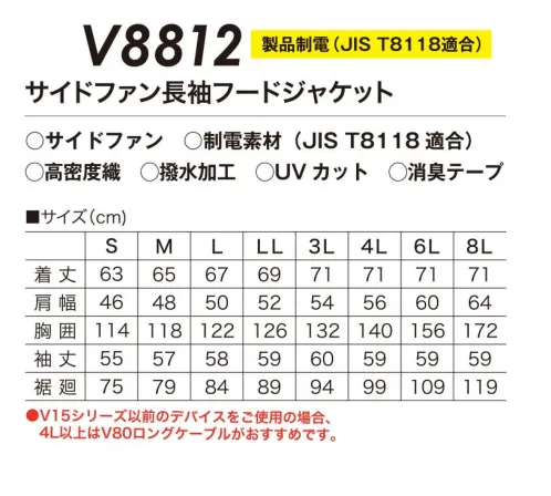 村上被服 V8812 サイドファン長袖フードジャケット サイドファンのフード付き長袖ジャケットJIS T8118 静電気帯電防止適合。フードの耳部分はコンプレッション素材で聞こえやすくムレない。フルハーネスに対応したデザイン。求められた制電性を実現・静電気を抑え故障や事故を防止します。・ホコリや花粉などを寄せ付けません。・選択による静電性の低下はありません。ハードな現場を支える職人たちのためにHOOHの電動ファン付き快適ウェアは更なる進化を遂げる。より快適に、より安全に、使いやすく。※ファン・バッテリーは別売りとなります。専用のファン・バッテリーを必ずご使用ください。他社商品と組み合わせて使用した際に発生する故障や事故につきましては責任を負いません。・V15シリーズ以前のデバイスをご使用の場合、4L以上は V80ロングケーブがおすすめです。・V19シリーズのデバイスをご使用の場合、6L以上は V88ロングケーブがおすすめです。 サイズ／スペック