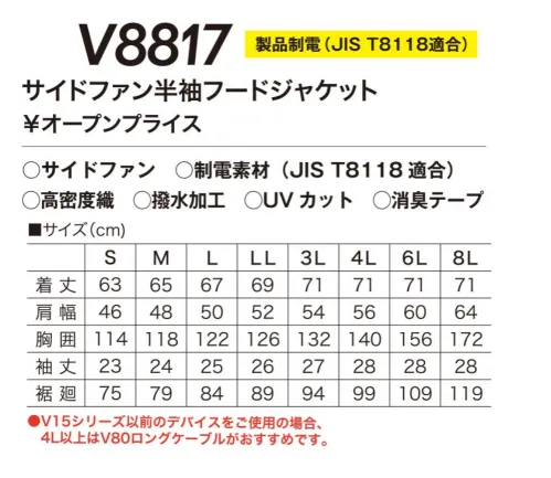 村上被服 V8817 サイドファン半袖フードジャケット サイドファンのフード付き半袖ジャケットJIS T8118 静電気帯電防止適合。フードの耳部分はコンプレッション素材で聞こえやすくムレない。フルハーネスに対応したデザイン。求められた制電性を実現・静電気を抑え故障や事故を防止します。・ホコリや花粉などを寄せ付けません。・選択による静電性の低下はありません。ハードな現場を支える職人たちのためにHOOHの電動ファン付き快適ウェアは更なる進化を遂げる。より快適に、より安全に、使いやすく。※ファン・バッテリーは別売りとなります。専用のファン・バッテリーを必ずご使用ください。他社商品と組み合わせて使用した際に発生する故障や事故につきましては責任を負いません。・V15シリーズ以前のデバイスをご使用の場合、4L以上は V80ロングケーブがおすすめです。・V19シリーズのデバイスをご使用の場合、6L以上は V88ロングケーブがおすすめです。 サイズ／スペック