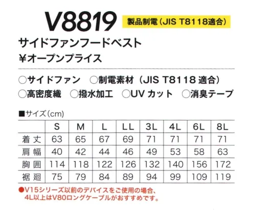 村上被服 V8819 サイドファンフードベスト サイドファンのフード付きベストJIS T8118 静電気帯電防止適合。フードの耳部分はコンプレッション素材で聞こえやすくムレない。フルハーネスに対応したデザイン。求められた制電性を実現・静電気を抑え故障や事故を防止します。・ホコリや花粉などを寄せ付けません。・選択による静電性の低下はありません。ハードな現場を支える職人たちのためにHOOHの電動ファン付き快適ウェアは更なる進化を遂げる。より快適に、より安全に、使いやすく。※ファン・バッテリーは別売りとなります。専用のファン・バッテリーを必ずご使用ください。他社商品と組み合わせて使用した際に発生する故障や事故につきましては責任を負いません。・V15シリーズ以前のデバイスをご使用の場合、4L以上は V80ロングケーブがおすすめです。・V19シリーズのデバイスをご使用の場合、6L以上は V88ロングケーブがおすすめです。 サイズ／スペック