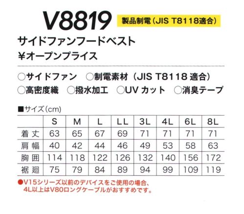 村上被服 V8819 サイドファンフードベスト サイドファンのフード付きベストJIS T8118 静電気帯電防止適合。フードの耳部分はコンプレッション素材で聞こえやすくムレない。フルハーネスに対応したデザイン。求められた制電性を実現・静電気を抑え故障や事故を防止します。・ホコリや花粉などを寄せ付けません。・選択による静電性の低下はありません。ハードな現場を支える職人たちのためにHOOHの電動ファン付き快適ウェアは更なる進化を遂げる。より快適に、より安全に、使いやすく。※ファン・バッテリーは別売りとなります。専用のファン・バッテリーを必ずご使用ください。他社商品と組み合わせて使用した際に発生する故障や事故につきましては責任を負いません。・V15シリーズ以前のデバイスをご使用の場合、4L以上は、V80ロングケーブがおすすめです。 サイズ／スペック