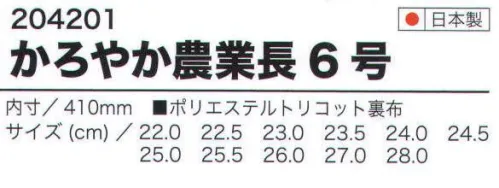 ミツウマ 204201 かろやか農業長6号 農業作業用長靴。 培われた生産技術を誇る、日本国内工場での生産です。軽量仕様により、長時間の作業でも疲れにくい設計です。胴体のソフト化により、様々な作業姿勢にも無理なく対応できます。 ●作業性に優れた構造で、田植え作業全般に適しております。 ※この商品は、ご注文後のキャンセル・返品・交換ができませんので、ご注意下さいませ。※なお、この商品のお支払方法は、先振込（代金引換以外）にて承り、ご入金確認後の手配となります。※「23．5」は販売終了致しました。 サイズ／スペック