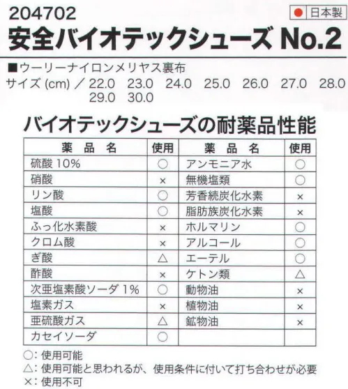 ミツウマ 204702 安全バイオテックシューズＮＯ．２ 121℃オートクレーブの繰り返し蒸気減菌に耐える、特殊配合ゴムのシューズです。裏布はポリエステルのフィラメント糸を採用し、摩耗による発塵を抑えましたので無塵ルームでも使用が可能です。 無塵・無菌室用に適し、減菌室での一般作業や、飛沫薬品のある安全作業に最適です。 ※注1:オキレンオキサイド及びオゾンによる減菌は、ゴムの物性を著しく劣化させますので避けて下さい。 ※注2:特殊配合のためオートクレーブ減菌で若干黄変しますが、使用上差し支えるほどの物性低下はありません。※この商品はご注文後のキャンセル、返品及び交換は出来ませんのでご注意下さい。※なお、この商品のお支払方法は、先振込（代金引換以外）にて承り、ご入金確認後の手配となります。 サイズ／スペック
