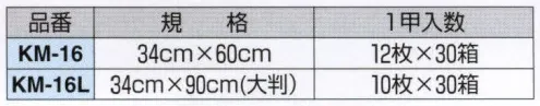 丸善化工 KM-16 クラボウリンパーノ業務用ふきん（34×60センチ・12枚×30箱） 吸水性抜群で保水率も高く丈夫でやわらか。使用後もケバが付きにくいうえ渇きが速い。90センチの大判KM-16Lもあります。～包む・拭く・敷く・覆う～ふきんとしての機能を再度みつめ直し、ラインナップしました。業務用ふきんシリーズはすべてニット（編み）製法。●乾きが早い。吸い込んだ水分を次々と組織内へ取り込み拡散するため渇きが非常に早く衛生的。●衛生的で、耐久性にも優れている。ニット製法ですので織物ふきんのように糸抜けしません。また、毛羽立ちしにくいので、糸の混入トラブルを未然に防ぎます。繰り返し洗濯してもほとんど強度は変わらず、織物ふきんより長期間使用できます。●しなやかで風合いが良い。柔軟性に優れ、すみずみまできれに拭くことが出来ます。●組織、サイズ等多様な対応ができる。色、柄、厚み、サイズ等、用途に合わせた目的別ワイパーが可能です。●吸水性、包率が非常に高い。組織（ループ）が吸水性と包水率をより高めるため、水回りクリーナーとしても最適です。※この商品は、ご注文後のキャンセル・返品・交換ができませんので、ご注意下さいませ。※なお、この商品のお支払方法は、先振込（代金引換以外）にて承り、ご入金確認後の手配となります。※検索キーワード:丸善化工、丸善加工。 サイズ／スペック