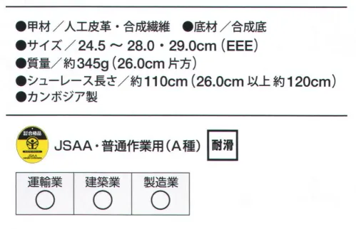 ミズノ F1GA1803 オールマイティ VS ALMIGHTY VS先芯周りにメッシュを使用し通気性アップ●ムレにくいサイドにはメッシュを使用。ベロ（甲部分）は通気性のある構造でムレにくい。●先芯つま先を保護するために樹脂製先芯を使用。●先芯周り耐久性のあるメッシュを使用●丈夫な履き口する減りやすい履き口（内側）に人工皮革を使用。メッシュに比べて丈夫。●つま先補強傷みやすいつま先を耐久性のある人工皮革で補強。●ヒモの収納ベロ（上部）に靴ヒモが収納でき、ほどけにくい。作業中にヒモが巻き込まれにくい。●光を反射夜間の作業時に光を反射する再帰反射材を採用。【より軽さにこだわったソール設計】●耐油性油による劣化がしにくいラバーソール。●曲がりやすい屈曲溝を搭載して曲がりやすい●買い替えの目安突起部分がスリップサインと同じ高さまで擦り減ったら買い替えの目安（2ヶ所あり）※45・54のカラーのソール（表底）は白を使用することによって床への色付着を軽減しています。F1GA180354オレンジ×シルバー×ネイビーF1GA180309ブラック×シルバーF1GA180345イエロー×シルバー×グリーン サイズ／スペック