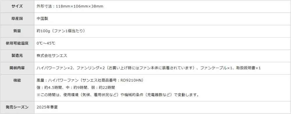 ミズノ F6JSF59210 エアリージャケット用ファン サイズ・スペック