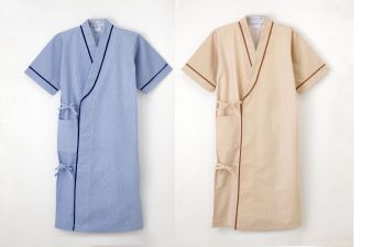 ナガイレーベン SKP-375 検診衣半袖（ストライプ柄） 素材はさわやかな綿混紡織物のストライプ染め。着脱は両脇の結びひもで簡単にできます。