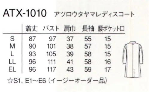 ナガイレーベン ATX-1010 アツロウタヤマ レディスコート ATSURO TAYAMA身体保護をコンセプトに考えられたコートです。ラベル部分を閉じることでコート内への飛沫等の侵入を防ぎます。またアクションプリーツを肩の後ろに配しストレッチ性が豊かで接触冷感機能を持つ最先端の素材を使用することで動きやすく快適な着心地です。※こちらの商品は、2021年4月頃、販売開始予定となっております。  サイズ／スペック