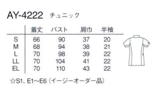 ナガイレーベン AY-4222 チュニック カラーチュニックという新しいアイテム。玉縁テクニックがデザイン性と高級感を高めています。素材はなめらかなタッチと涼感性。高ストレッチ性を併せ持つ高機能ニットを使用しています。さらにエアーアームカットを搭載し涼しく動きやすいハイスペックアイテムです。（意匠登録出願中）●快適な医服内環境®の実現へ世界中のあらゆる気象条件を再現できる人工気象湿を備えた東レ株式会社テキスタイル・機能資材開発センターテクノラマGIII®にて検証を行い医療従事者のために開発した新機能ソアブール™(AY）。医療従事者の快適な環境を追及した新素材です。 サイズ／スペック