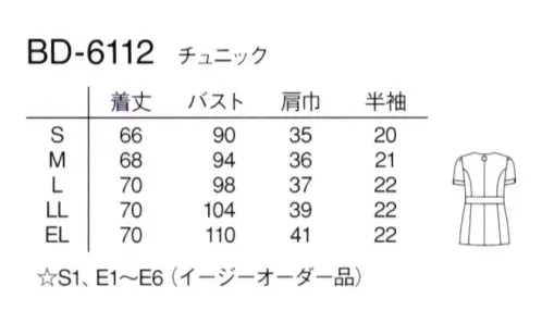 ナガイレーベン BD-6112 チュニック 細いスタンダードカラーはキチンと感がありながらもやさしい雰囲気です。ウエストの切り替えがウエスト位置を高く見せ足長効果を演出します。高機能なニット素材が快適な着心地を提供します。 サイズ／スペック