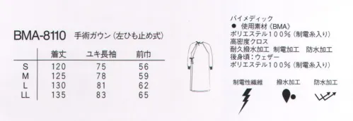 ナガイレーベン BMA-8110 手術ガウン（左ひも止め式） 優れた耐久撥水加工と高密度クロスによりバクテリアバリア性に極めて優れ、交差感染を防止します。軽く、透湿性のある素材で快適性に富んでいます。高密度クロス●マイクロファイバーを高密度に織り上げることで防水性を高めています。●耐久性に富んだ撥水加工を施してあります。●業務用洗濯にも耐えうる形態安定素材です。【お取り扱いの注意点】1・洗剤:洗液（洗剤+助剤+水）はPH10.5以下にコントロールしてください。2・洗濯温度:常温で汚洗いください。血液、体液は40℃以上で固着し、とれなくなる性質があります。熱水による消毒の場合は洗剤を入れずに行ってください。3・すすぎ:最終工程では必ず酸による中和を行って下さい。 4・殺菌剤:塩素系漂白剤の洗剤との併用は行わないでください。5・オートクレーブの滅菌温度及び時間は、120℃×20分（日本薬方局の通常条例）にてお願いいたします。 サイズ／スペック