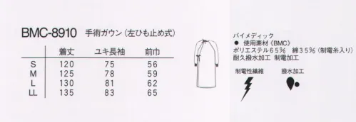 ナガイレーベン BMC-8910 手術ガウン（左ひも止め式） 優れた耐久撥水性と恒久的な制電性能を持つ経済的なガウンです。ツイル●耐久性に富んだ撥水加工を施してあります。●業務用洗濯にも耐えうる形態安定素材です。 サイズ／スペック