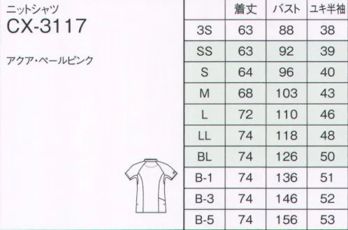 ナガイレーベン CX-3117 ニットシャツ PRO-FUNCTHIN 従事者のストレスを軽減する、プロのための機能性リハビリ環境におけるプロの役割は、年々多様化して高い専門性が求められています。「プロファンクション」は、ハードで細やかな神経が求められる現場のニーズを最大限に反映。利用者さんの寝返る、起き上がる、立ち上がる、歩くといった基本動作を支えるときのストレスをなくしました。「エアーアームカット」は身頃と袖が袖下で一体化しており、袖下にゆとりがあり、身体に沿うようになっています。腕を上げると自然に脇の下が伸びて、肩のつっぱりがありません。腕は上げやすく、裾はめくれ上がりにくくなっています。左胸（PHSポケット付き）、前両腰ポケット、後ろ右腰ポケット付き。Wループにして、PHS・ネームプレートをしっかりととめておける設計にしています。トランスファーのわずらわしさを解消しています。動きやすく涼しい機能性をプラスした、きちんと感のある衿つきデザインです。カラーファスナーが元気な印象です。（意匠登録済）（Wループ 特許出願中、意匠登録済）CX（ワープニット）●接触冷感があり、汗蒸れしにくい素材です。●高い伸縮性を持ち、着心地の良さと動きやすさを提供します。●特殊仕上により吸水、防汚効果を付加しています。●業務用洗濯にも耐えうる形態安定素材です。 サイズ／スペック