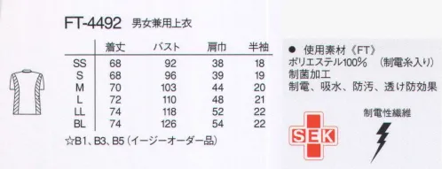 ナガイレーベン FT-4492 男女兼用スクラブ ホワイトとカラーコンビのスクラブタイプです。素材は伸縮性抜群で運動性にも優れています。シャープで洗練されたスクラブです。右脇にPHSポケットと鍵などを掛けられるループが付いています。平二重織●特殊断面フルダル糸を使用し、高い防透け性能と吸汗速乾性を持っています。●高い伸縮性による着心地の良さと動きやすさを持った素材です。●特殊仕上により吸水、防汚効果を付加しています。●業務用洗濯にも耐えうる形態安定素材です。※「Tオレンジ」は販売を終了致しました。 サイズ／スペック