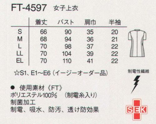 ナガイレーベン FT-4597 女子スクラブ チーム医療への期待は高い。眼に見える意欲、誇りが、応える。HOMARE Vitamin チーム医療の専門ウエアを確立させた「ほまれビタミン」。専門集団としてアイデンティティを高めながら。周囲をなごませる。まさにビタミンの役目を果たします。スクラブとチュニックを融合させた新しいスタイルです。美しくシャープなシルエットが信頼感を感じさせます。平二重織●特殊断面フルダル糸を使用し、高い防透け性能と吸汗速乾性を持っています。●高い伸縮性による着心地の良さと動きやすさを持った素材です。●特殊仕上により吸水、防汚効果を付加しています。●業務用洗濯にも耐えうる形態安定素材です。 サイズ／スペック