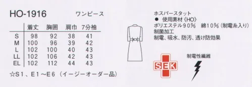 ナガイレーベン HO-1916 7分袖ワンピース 見て、触って、着用して明快な魅力がわかります。流行に左右されない独自のスタイルはいつまでも飽きがきません。前打ち合わせはファスナー仕様です。ワープニット●光の透過性を抑えた高ランダム扁平断面糸（アレニエ）を使用することにより、高い防透性を実現しました。●高い伸縮性を持ち、着心地の良さと動きやすさを提供します。●特殊仕上により吸水、防汚効果を付加しています。●業務用洗濯にも耐えうる形態安定素材です。 サイズ／スペック