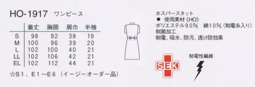 ナガイレーベン HO-1917 半袖ワンピース 見て、触って、着用して明快な魅力がわかります。流行に左右されない独自のスタイルはいつまでも飽きがきません。前打ち合わせはファスナー仕様です。ワープニット●光の透過性を抑えた高ランダム扁平断面糸（アレニエ）を使用することにより、高い防透性を実現しました。●高い伸縮性を持ち、着心地の良さと動きやすさを提供します。●特殊仕上により吸水、防汚効果を付加しています。●業務用洗濯にも耐えうる形態安定素材です。 サイズ／スペック