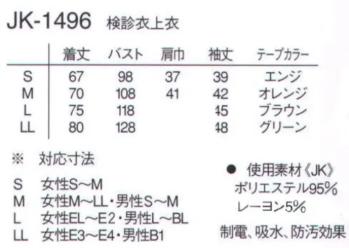 ナガイレーベン JK-1496 検診衣上衣 体と心を自然に戻そう。人にやさしい検診・患者衣。高級感が感じられる英国調千鳥格子のニット素材を使用し機能性とデザイン性を両立したデザインの検診衣です。 サイズ／スペック