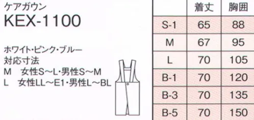 ナガイレーベン KEX-1100 ケアガウン ショート丈のエプロンは、幅広の肩ひもと大きなポケットが特徴です。男女問わず着用できるシンプルなデザインです。織物（交織ポプリン）●再生ポリエステル糸を使用しているためグリーン購入法に対応できます。●特殊プレス仕上げのため、洗濯後も美しい仕上がりが維持されます。●特殊仕上により制電、吸水、防汚効果を付加しています。●業務用洗濯にも耐えうる形態安定素材です。 サイズ／スペック