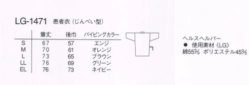 ナガイレーベン LG-1471 患者衣上衣（じんべい型）チェック柄 着脱が容易で、体調検査も楽に出来るスタイルです。さわやかな格子柄はどなたにも好まれます。 サイズ／スペック