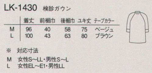 ナガイレーベン LK-1430 検診ガウン 軽量でドライタッチ、さわやかな着心地のニット素材ガウンです。サイズにより、トリミングカラーで色分けをしています。 サイズ／スペック