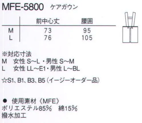 ナガイレーベン MFE-5800 ケアガウン（男女兼用） ポケットの端から覗き込んだmiffyが可愛らしいエプロンです。ポケット口に挟み込んだブルーの織ネームもポイントになっています。 サイズ／スペック