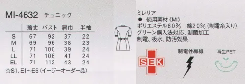 ナガイレーベン MI-4632 半袖チュニック 柔らかくカットしたイタリアンカラーは、周囲のトリミングでアクセントをつけています。着やすい前中心開きです。ワープニット●シルキーな光沢糸により、上品な陰影効果を出しています。●再生ポリエステル糸を使用しているためグリーン購入法に対応できます。●適度な伸縮性が動きやすさをもたらせています。●特殊仕上により吸水、防汚効果を付加しています。●業務用洗濯にも耐えうる形態安定素材です。 サイズ／スペック