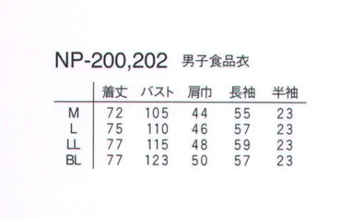 ナガイレーベン NP-202 男子食品衣半袖  サイズ／スペック