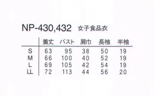 ナガイレーベン NP-432 女子食品衣半袖 三角巾は別売りです。 サイズ／スペック