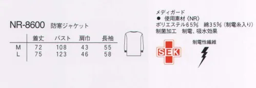 ナガイレーベン NR-8600 防寒ジャケット（男女兼用） ゆったりした上着です。個人差があるの手術室の温度は上着で調節。ツイル●しっかりとした綾組織で張り腰があり、安定感のある素材です。●綿35％により吸汗性があります。 サイズ／スペック