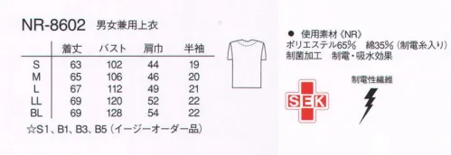 ナガイレーベン NR-8602 男女兼用スクラブ 胸元が開き過ぎないように、肩にドットボタンあきを付けました。男女兼用で幅広く着用できます。ツイル●しっかりとした綾組織で張り腰があり、安定感のある素材です。●綿35％により吸汗性があります。※スターオブライフマーク入りは「NR-86020」です。 サイズ／スペック