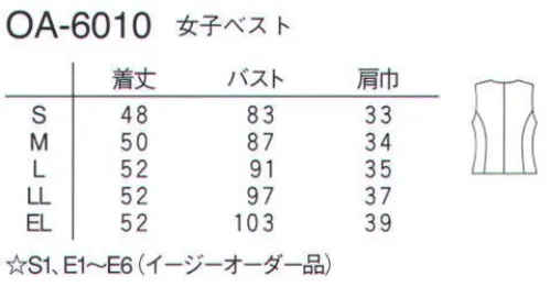 ナガイレーベン OA-6010 女子ベスト ベーシックで落ち着いた色合いの ベストスーツです。ほどよい着丈と裾の丸いカーブが体型をカバーし、清潔でキチンとした印象にしてくれます。※「グレー」は販売を終了致しました。 サイズ／スペック