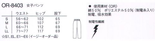 ナガイレーベン OR-8403 女子パンツ ウエスト総ゴムのゆったりシルエットのパンツです。裾巾は動きやすく、やや狭くなっています。※「ピンク」「ライトグリーン」は、販売を終了致しました。 サイズ／スペック