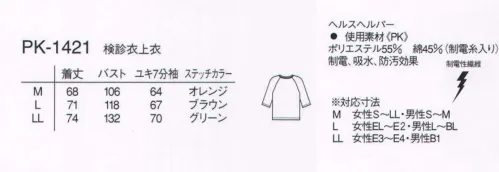 ナガイレーベン PK-1421 検診衣上衣（上着） 前がはだけない、そのまま検診できるものという要望から出来上がりました。男女兼用の上下素材は裏側綿のやさしい仕上がり。襟ぐりとすそのステッチがサイズ表示です。 サイズ／スペック