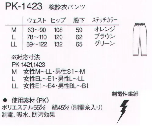 ナガイレーベン PK-1423 検診衣パンツ 前がはだけない、そのまま検診できるものという要望から出来上がりました。男女兼用の上下素材は裏側綿のやさしい仕上がり。パンツはウエスト総ゴムのゆったりシルエット。パジャマに見えないよう上衣と色を変えました。襟ぐりとすそのステッチがサイズ表示です。 サイズ／スペック