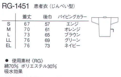 ナガイレーベン RG-1451 患者衣上衣（じんべい型） 療養のための安心感をさらに高めた、高級感のある患者衣。ドビー織柄の高級感が感じられる素材です。着脱の容易なじんべい型です。 サイズ／スペック