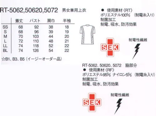 ナガイレーベン RT-5062 男女兼用スクラブ キャリアと知性を感じさせるスクラブデザイン。後ろ側が立つようにできた衿ぐりはPHSやネームプレートのストラップが首につかないための配慮です。右衿元にドットボタンをつけて着脱の便利さと、胸元の開きを押さえています。ニット素材の組み合わせで、背中の運動量もバツグン。脇切替ラインにより前面が細く見えるシルエット。ストラップが首につかない、よりきちんと感がある衿型。胸元が見えないVゾーン。着脱が楽な見開き。腰には鍵などを止めつけることができるループ付き。両ポケット内側は、PHSやペン挿しにもなるサブポケット付き。ツイル●さらさらタッチのポリエステル織物素材です。●濃色でも他のポリステルに移染しにくい素材です。●特殊仕上により吸水、防汚効果を付加しています。●業務用洗濯にも耐えうる形態安定素材です。※スターオブライフマーク入りは、「RT-50620」です。※この商品は、マーク無しです。※他カラーは「RT-5062-B」に掲載しております。 サイズ／スペック