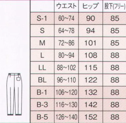 ナガイレーベン SJ-2983 パンツ(男女兼用) スラックスタイプ。ツータック。センタープレス入り。ウエスト脇ゴム＆前ファスナー開き。脇2ポケット＆後ろ1ポケット。サーキュラーニット●マイクロストライプにより表面効果があります。●フルダル糸のため防透け性があります。●高い伸縮性を持ち、着心地の良さと動きやすさを提供します。●特殊仕上により吸水、防汚効果を付加しています。●業務用洗濯にも耐えうる形態安定素材です。 サイズ／スペック