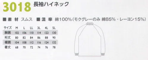 コーコス信岡 3018 長袖ハイネック あらゆる労働環境でも活躍する、マルチスタンダード。良質な綿を使用したソフトな風合いは快適そのもの。 サイズ／スペック