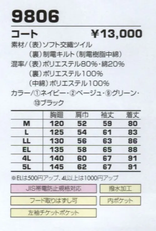 コーコス信岡 9806 コート 丈夫でソフトな感触の交織ツイルを使用。安心の制電性を発揮。 サイズ／スペック