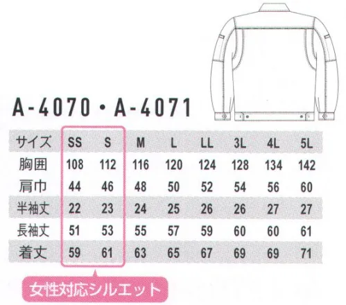 コーコス信岡 A-4071-B 長袖ブルゾン カラー＆サイズ＆機能を豊富に展開ソフトからハードまで、他と「カブらない」コーデが可能。●製品制電（JIS T8118適合）不快な静電気を抑制します。●縦ポケット野帳からスマホまで便利に収納。●動きやすい着やせ効果もあるムーンフォーク仕様。●脇消臭テープ付き衣服内に付着したイヤなニオイを軽減します。●反射パイピング付き夜間の視認性UP。●男女対応共通仕様で男女着用可能。●日本製生地使用安心の日本製素材。※他カラーは「A-4071」に掲載しております。 サイズ／スペック