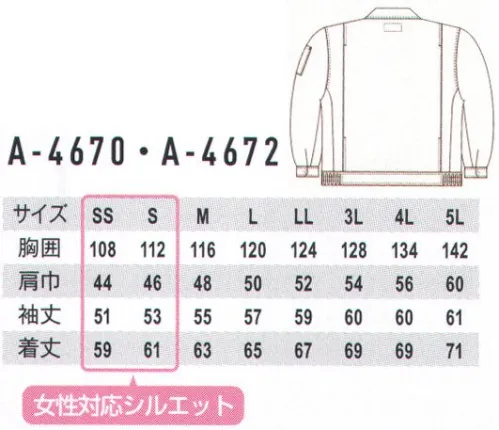 コーコス信岡 A-4672 立体カットヒヨクブルゾン 「突っ張り」や「引きつり」を劇的に軽減する「立体裁断」綿100％は火を使用する環境にも対応。MULTI SPEC01.動きやすい立体裁断腕を上げ下げしても突っ張りにくい。02.縦ポケット野帳からスマホまで便利に収納。03.脇消臭テープ付。衣服内に付着したイヤなニオイを軽減します。04.逆玉ポケット脇ポケット逆玉縁仕様で火の粉が入りにくく、モノが落ちにくい。05.脇アジャスター付脇が調節でき裾があがりにくく、腰にもフィット。06.男女対応共通仕様で男女着用可能。07.日本製生地使用安心の日本製素材。※綿混のA-4170シリーズは同色展開ですので、同一企業内での統一が可能です。 サイズ／スペック