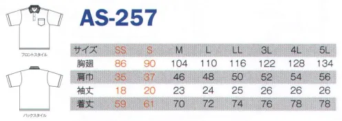 コーコス信岡 AS-257 制電・防透・消臭 半袖ポロシャツ JIS帯電防止規格T8118適合のポロシャツが登場。衿後ろ部分に『クーリッシュウインドウ』を搭載した、防透・消臭機能付ポロシャツ。「クーリッシュウインドウ」とは、暑さを一番感じる首元の熱気を逃がすベンチレーションシステムです。衿元から体温の上昇を抑え、快適性をキープします。◎JIS T8118（日本工業規格）の定める「帯電電荷量1着あたり0．6マイクロC以下」をクリアさせ、作業着の安全をサポート致します。◎透け防止・UVカット:フルダル・ポリエステルを使用し、肌が透けて見えるのを防ぎます。しかもUVカット率97％を達成。◎屋外での温度上昇を抑える:太陽光による熱遮蔽試験では従来品と比べて3度以上の優位性が認められており、生地自体が熱くなりにくく、クーリング機能を発揮。◎消臭テープ付なので気になる汗のニオイを軽減。◎吸汗速乾加工:サラッとドライな着用感で快適な着心地。 サイズ／スペック