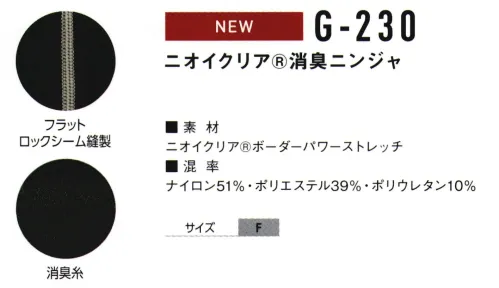 コーコス信岡 G-230 ニオイクリア消臭ニンジャ “汗臭・加齢臭ゼロへ”不快なニオイ成分を含む汗を繊維の力で“水”に分解、無臭化へ。夏の困ったニオイ対策へのマストアイテム。ハニカムブラック柄。※このシリーズは海外生地、海外染色のため、製品により若干の色違いが発生することがございます。ご了承ください。長時間強い日光（または照明）を受けたり、濡れた状態で放置されますと変色の恐れがありますので、着用及び保管の際にはご注意ください。※素材の特性上、生地性能の低下を招く可能性がありますので、タンブル乾燥機のご使用はお避け下さい。熱やスチームで縮むことがありますので、アイロン掛けはやめてください。 サイズ／スペック