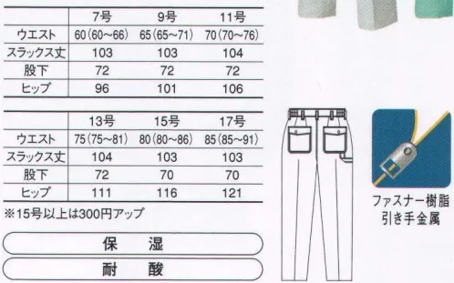 コーコス信岡 K-2573 レディースツータックスラックス 「KISTER PAIR」汗をかいてもサラッと爽やかな着心地で、いつでもスマイル。ソフトで軽快なカラーリングもお客様に好印象。男女揃いのデザインが魅力。吸水性のよさで作業を快適サポート。吸汗・速乾性二重織素材「ベリカ」は、洗濯後も吸汗効果が持続するので汗ジミを作りません。生地裏は酸に強いアクリルを使用。ファッショナブルな発色性も持ち味です。 サイズ／スペック